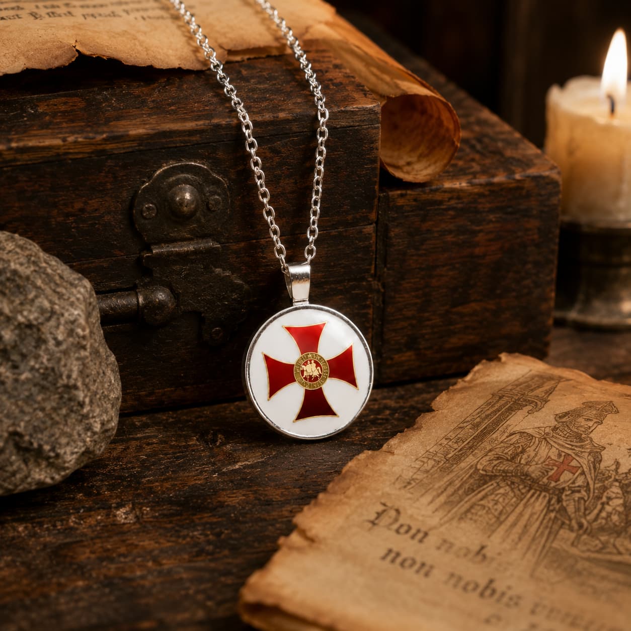 Collier des Emblèmes du Temple en alliage métallique avec pendentif croix rouge dans un décor médiéval avec bois ancien, parchemin et lumière chaude