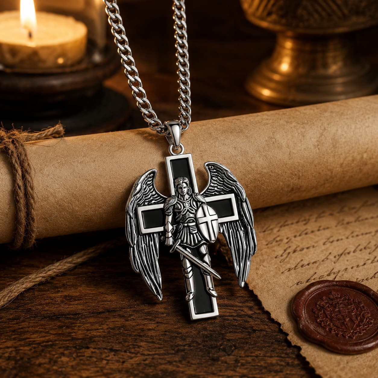 Collier du Bouclier Divin en ambiance médiévale avec bois ancien, parchemin et lumière chaude
