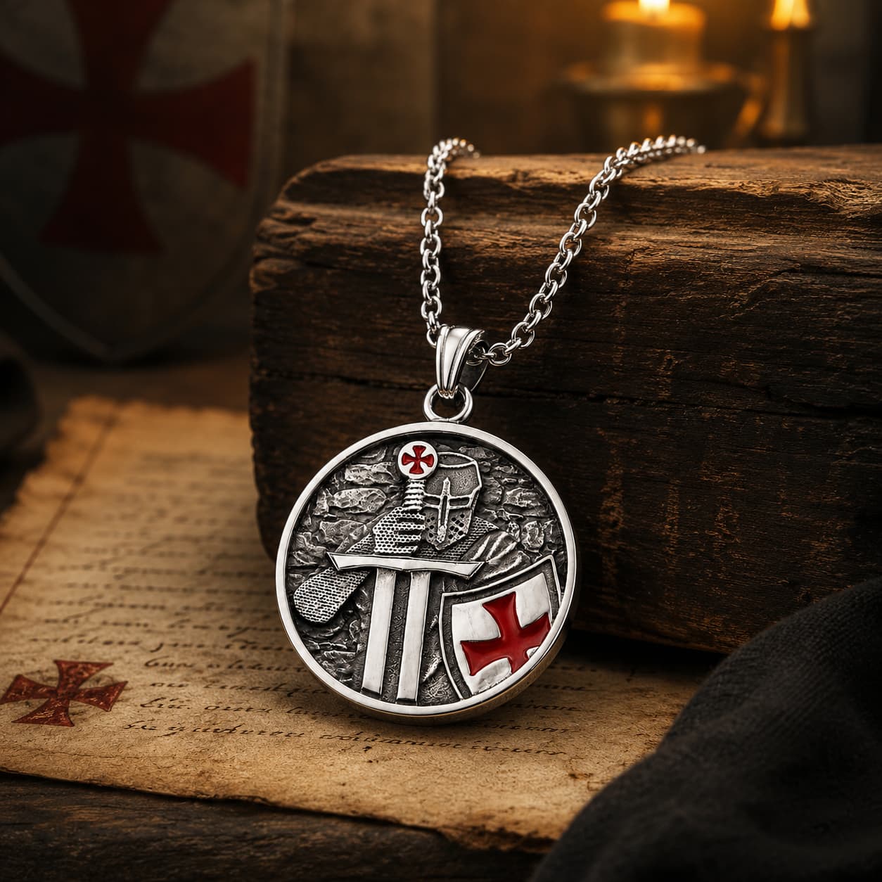 Collier du Chevalier Armé en acier inoxydable dans une ambiance médiévale avec bois ancien et parchemin