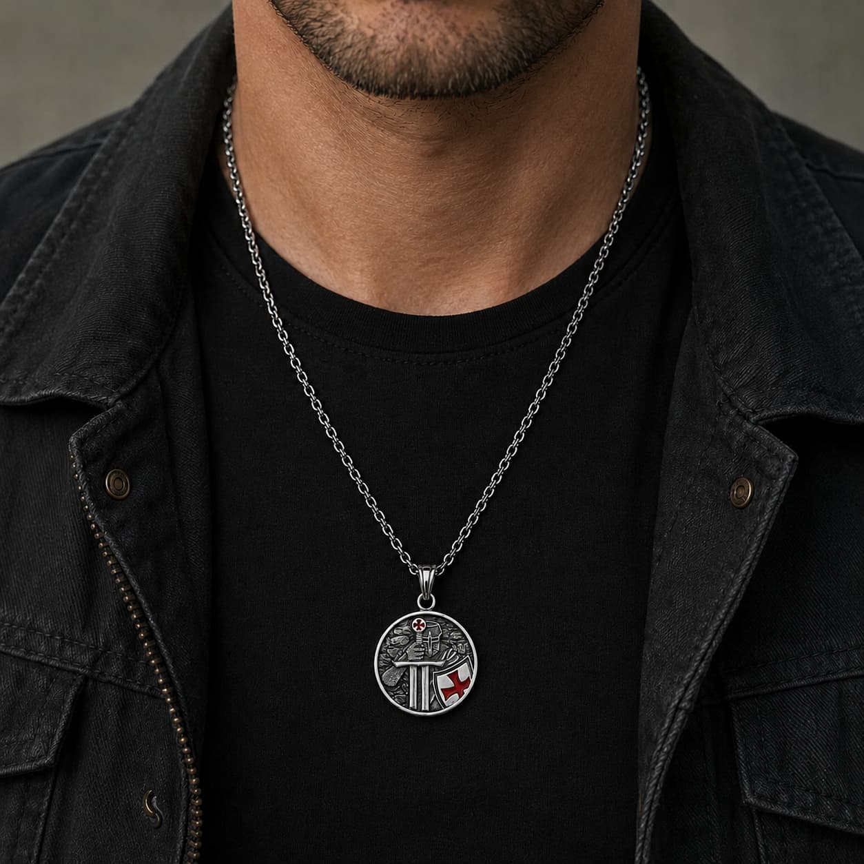 Collier du Chevalier Armé en acier inoxydable porté par un homme avec tenue noire et pendentif templier visible