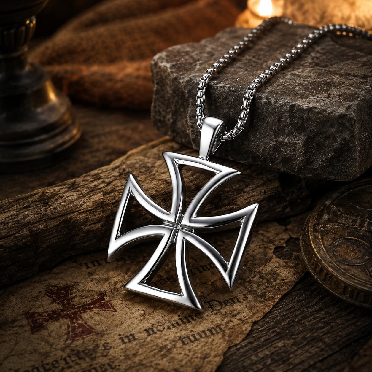 Collier du Code d’Honneur en acier inoxydable présenté dans une ambiance médiévale avec parchemin, bois ancien et lumière chaude