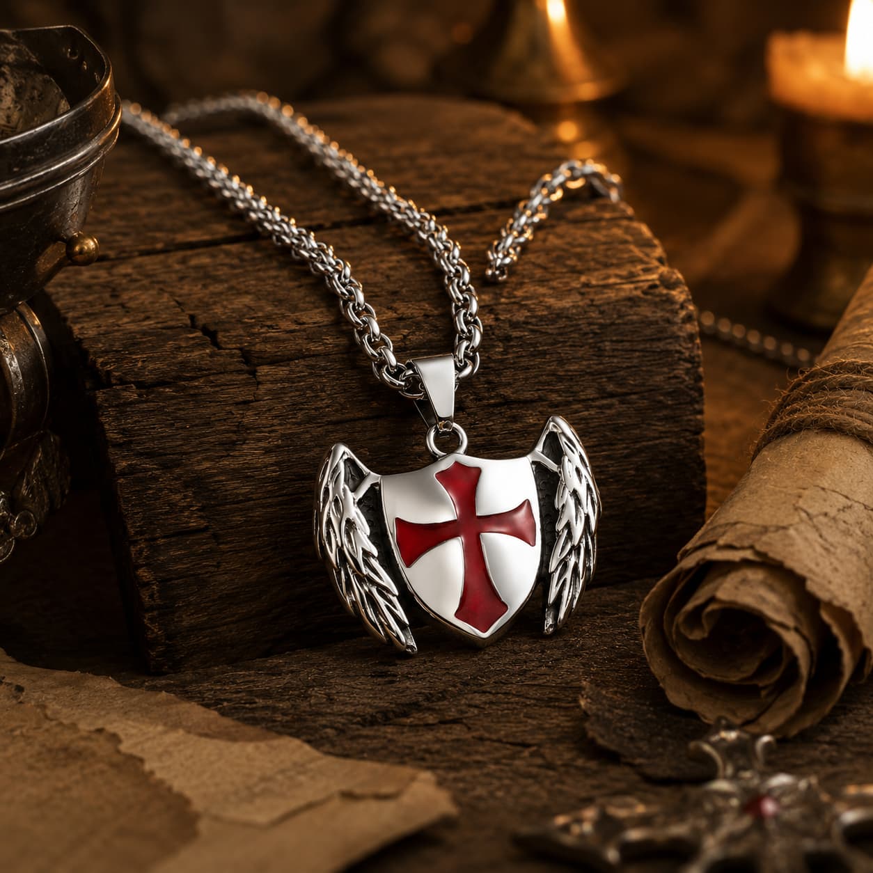 Collier du Gardien Croisé en acier inoxydable en ambiance médiévale premium avec bois ancien parchemin pierre et lumière chaude