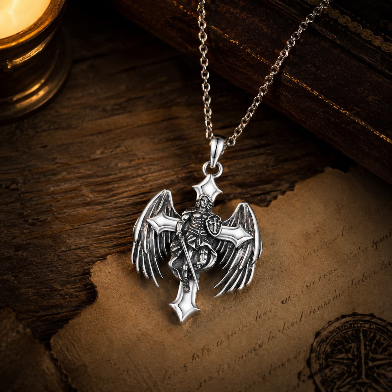 Collier du Gardien Éternel en argent 925 sterling dans une ambiance médiévale avec bois ancien et parchemin