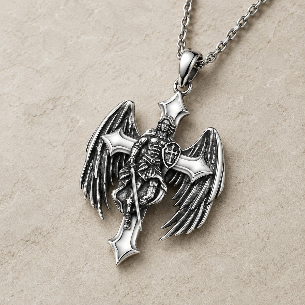Vue angle du Collier du Gardien Éternel en argent 925 sterling sur pierre médiévale claire