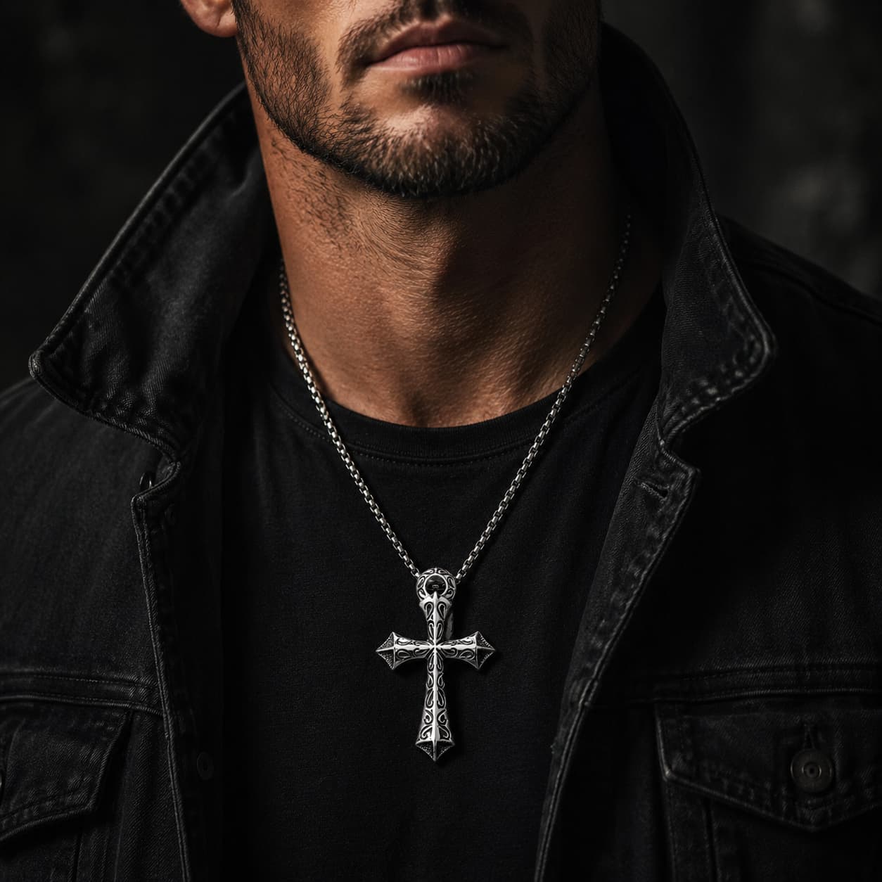 Homme portant le Collier du Justicier Croisé en acier inoxydable avec tenue noire et veste sombre dans une ambiance masculine premium.