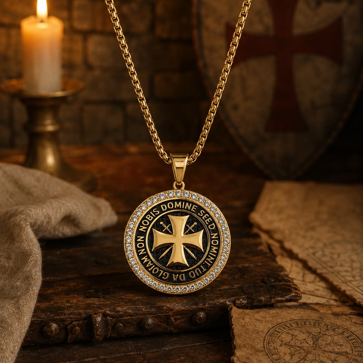 Collier du Maître Templier en acier inoxydable doré avec pendentif croix et zirconiums dans un décor médiéval premium