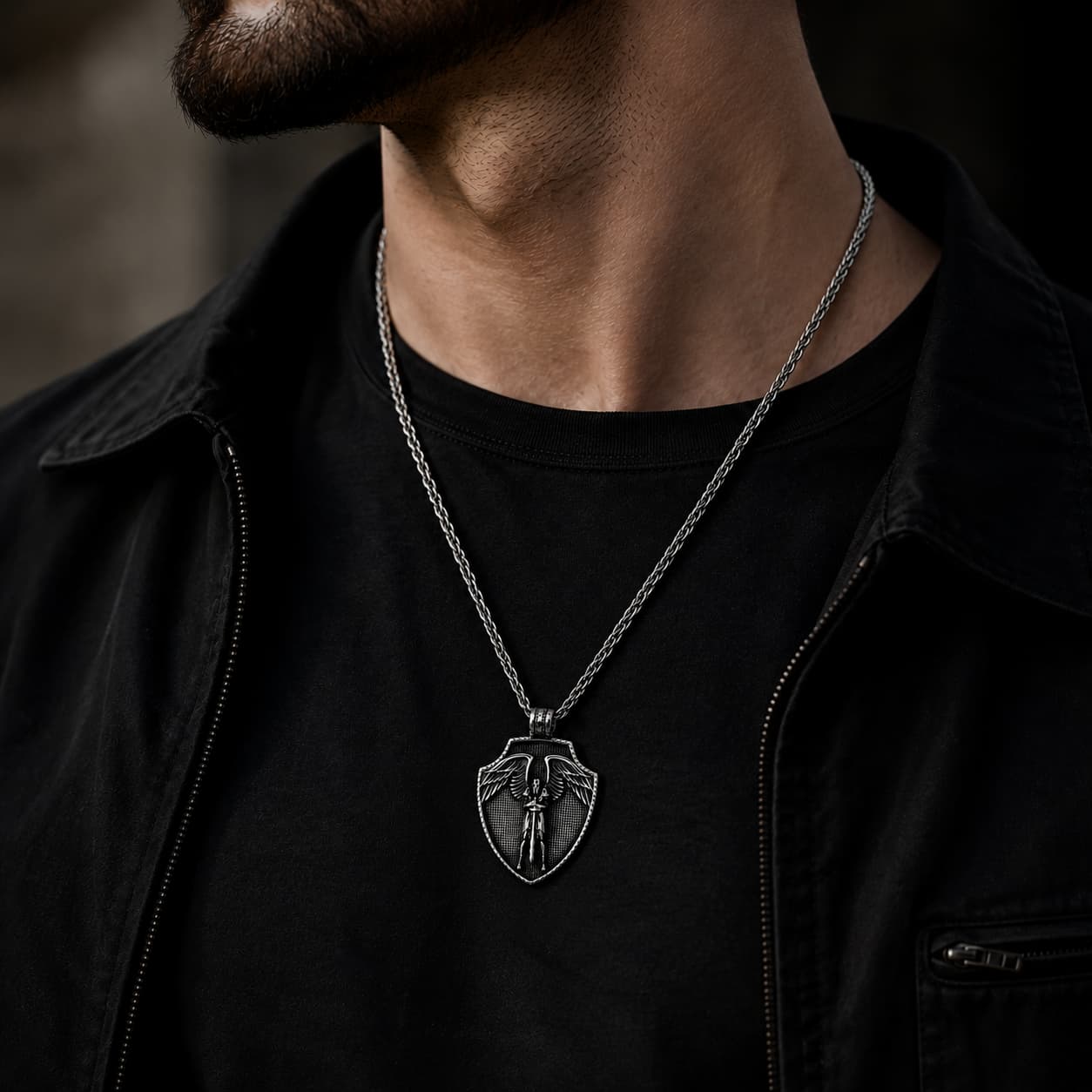 Homme portant le Collier du Pouvoir de l'Archange en acier inoxydable avec tenue noire et veste sombre