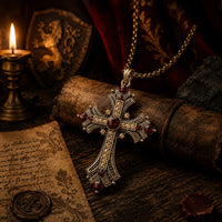 Collier du Sacre Royal en alliage premium présenté dans une ambiance médiévale avec parchemin, bois ancien et lumière chaude