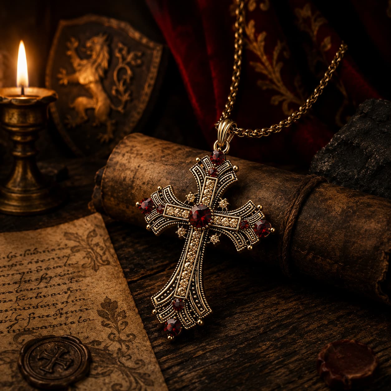 Collier du Sacre Royal en alliage premium présenté dans une ambiance médiévale avec parchemin, bois ancien et lumière chaude