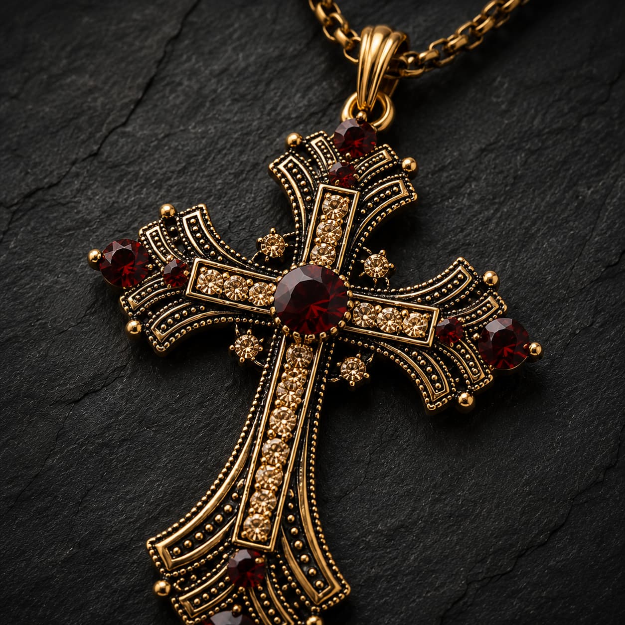 Gros plan de la croix dorée du Collier du Sacre Royal en alliage premium avec pierres décoratives rouges