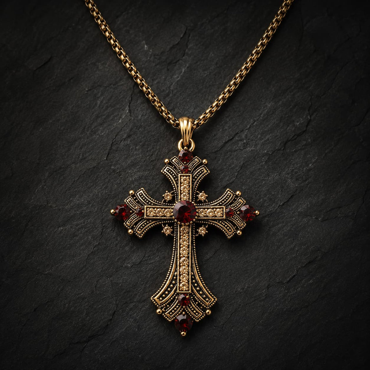 Collier du Sacre Royal en alliage premium avec croix dorée et pierres décoratives rouges sur fond anthracite
