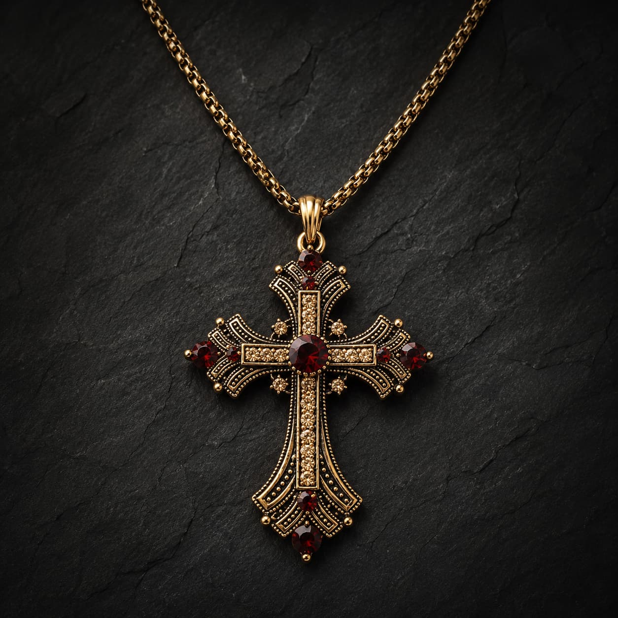 Collier du Sacre Royal en alliage premium avec croix dorée et pierres décoratives rouges sur fond anthracite