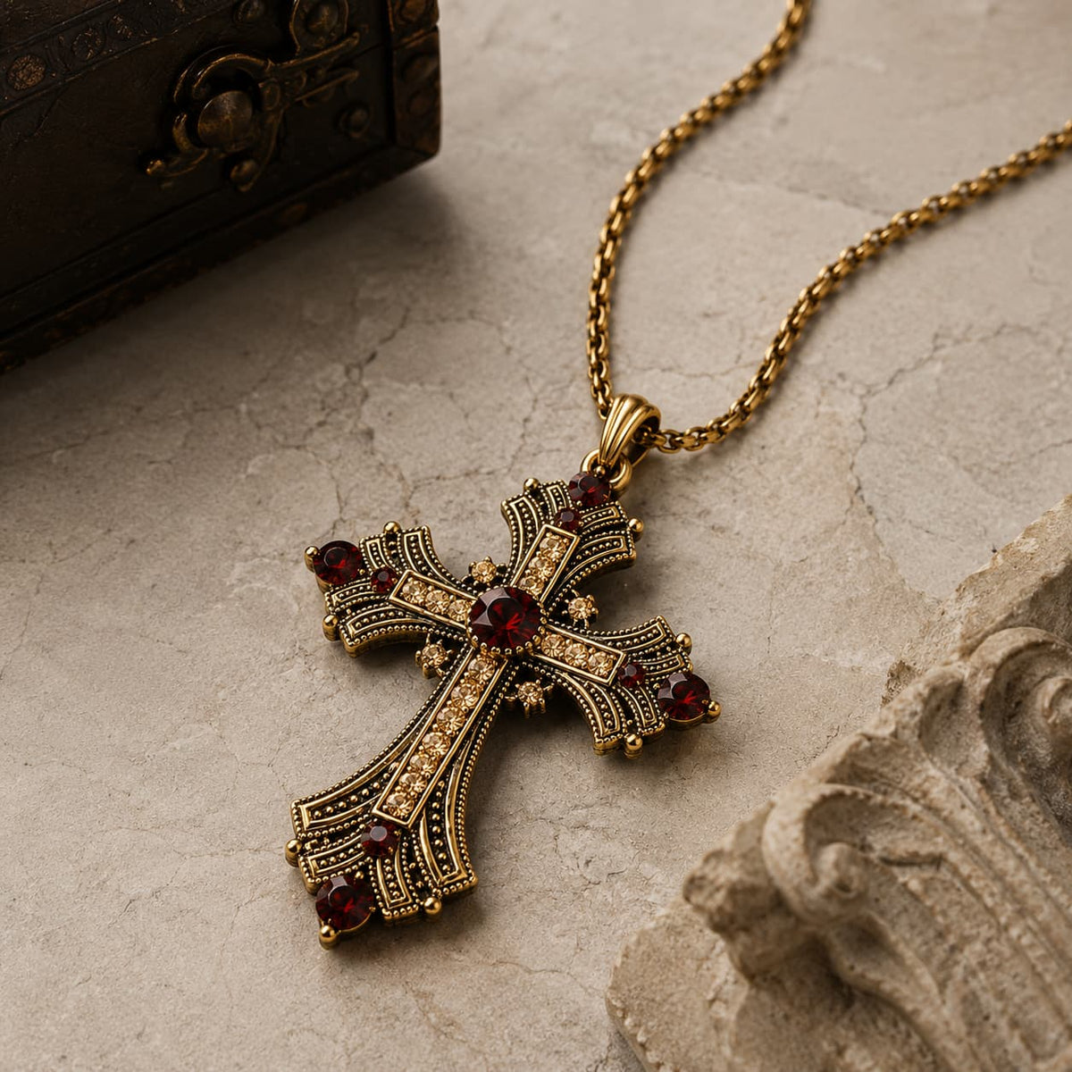 Vue angle du Collier du Sacre Royal en alliage premium avec pierres décoratives sur pierre médiévale claire