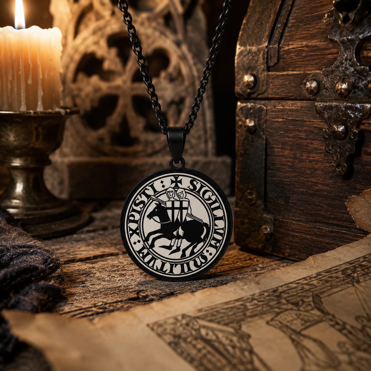 Collier du Sceau des Chevaliers en acier inoxydable noir avec médaillon templier dans un décor médiéval premium