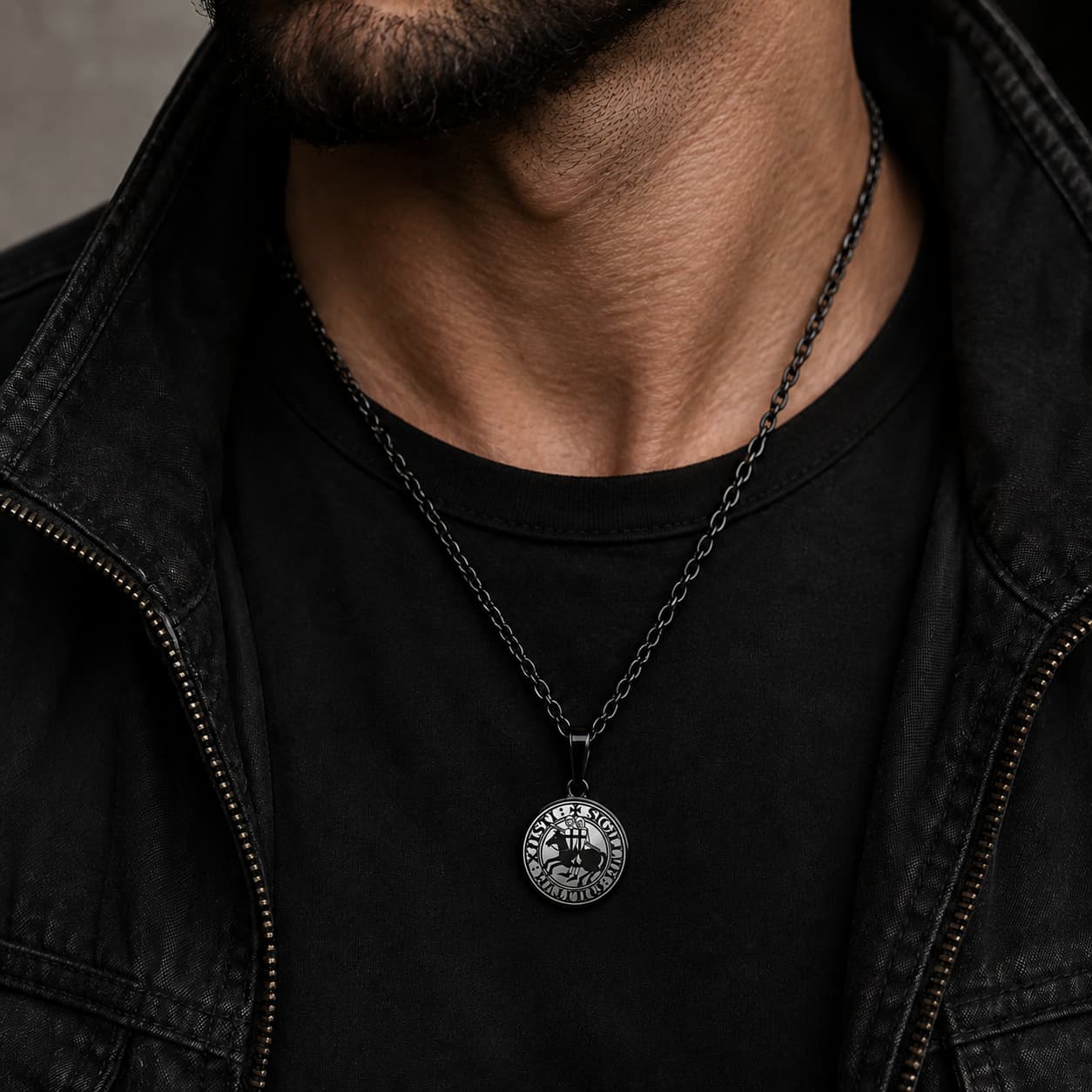 Collier du Sceau des Chevaliers en acier inoxydable noir porté par un homme avec tenue sombre et pendentif templier visible