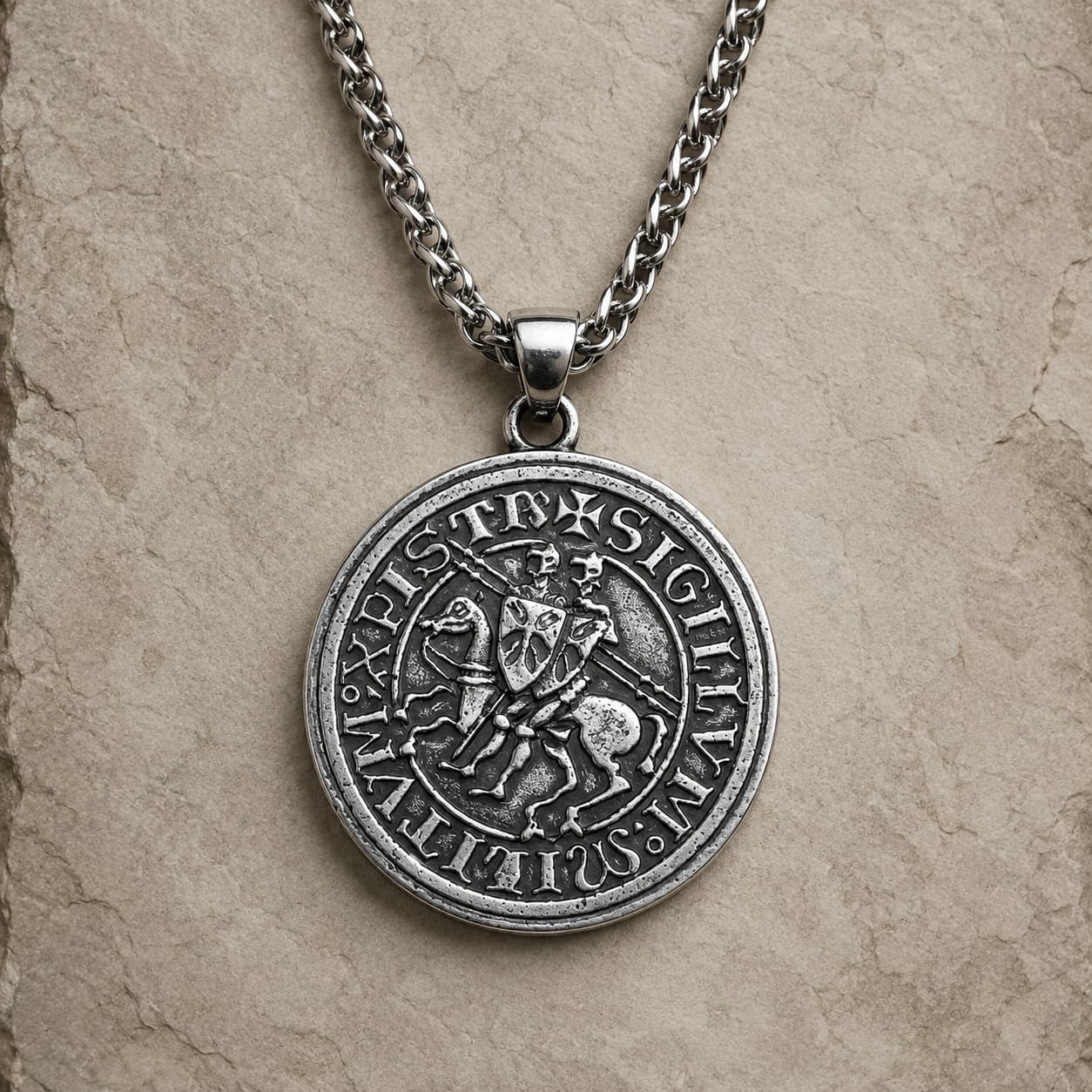 Collier du Sceau des Templiers en alliage métallique premium argent vieilli sur fond pierre médiévale claire