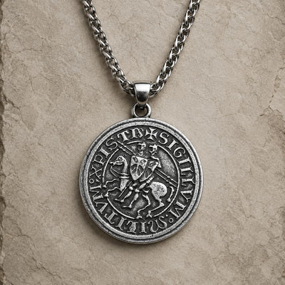 Collier du Sceau des Templiers en alliage métallique premium argent vieilli sur fond pierre médiévale claire