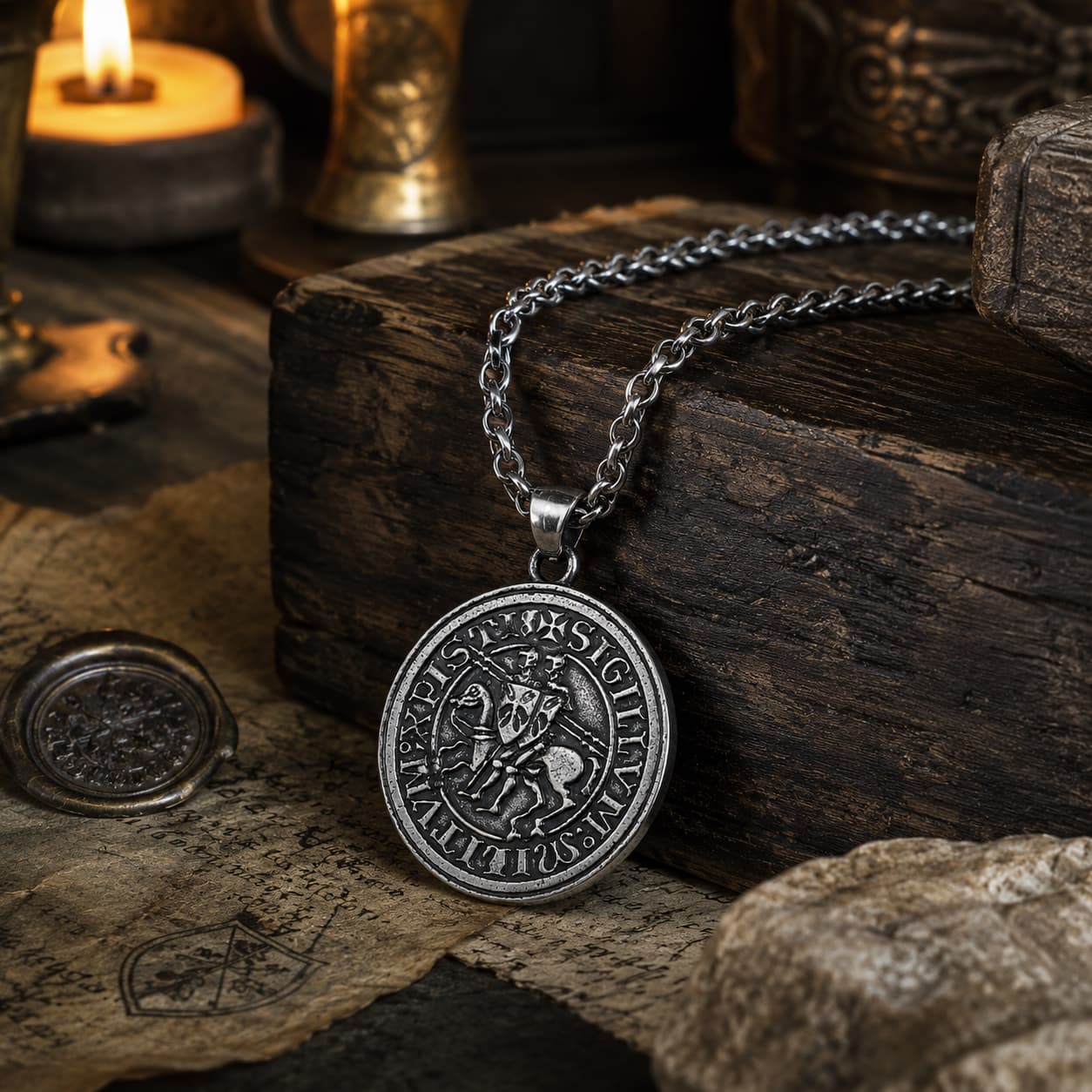 Collier du Sceau des Templiers en ambiance médiévale avec bois ancien parchemin et pierre