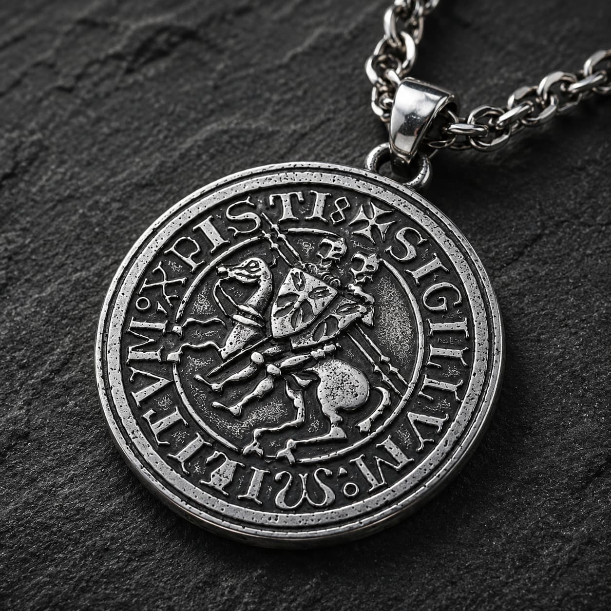 Gros plan de la médaille templière du Collier du Sceau des Templiers en argent vieilli
