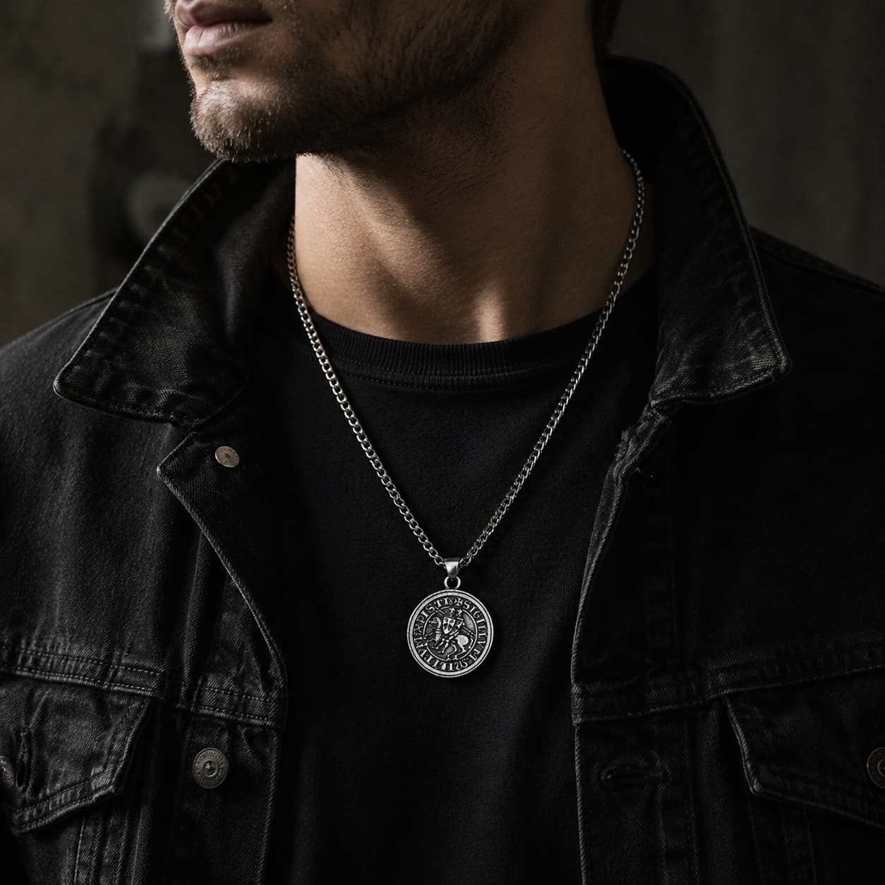 Collier du Sceau des Templiers porté par un homme avec tenue noire et veste sombre