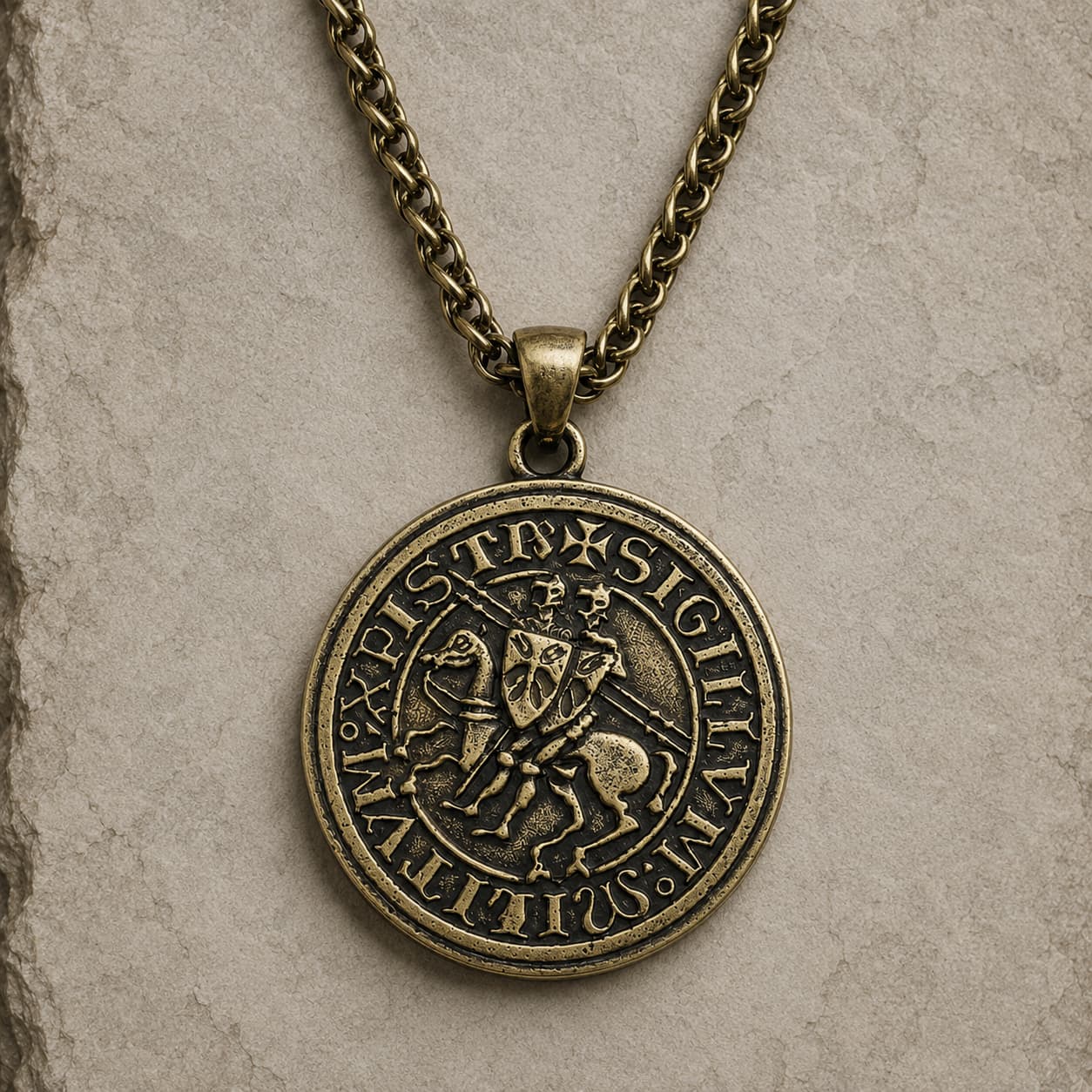 Variante bronze du collier Collier du Sceau des Templiers sur fond pierre médiévale claire