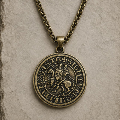 Variante bronze du collier Collier du Sceau des Templiers sur fond pierre médiévale claire
