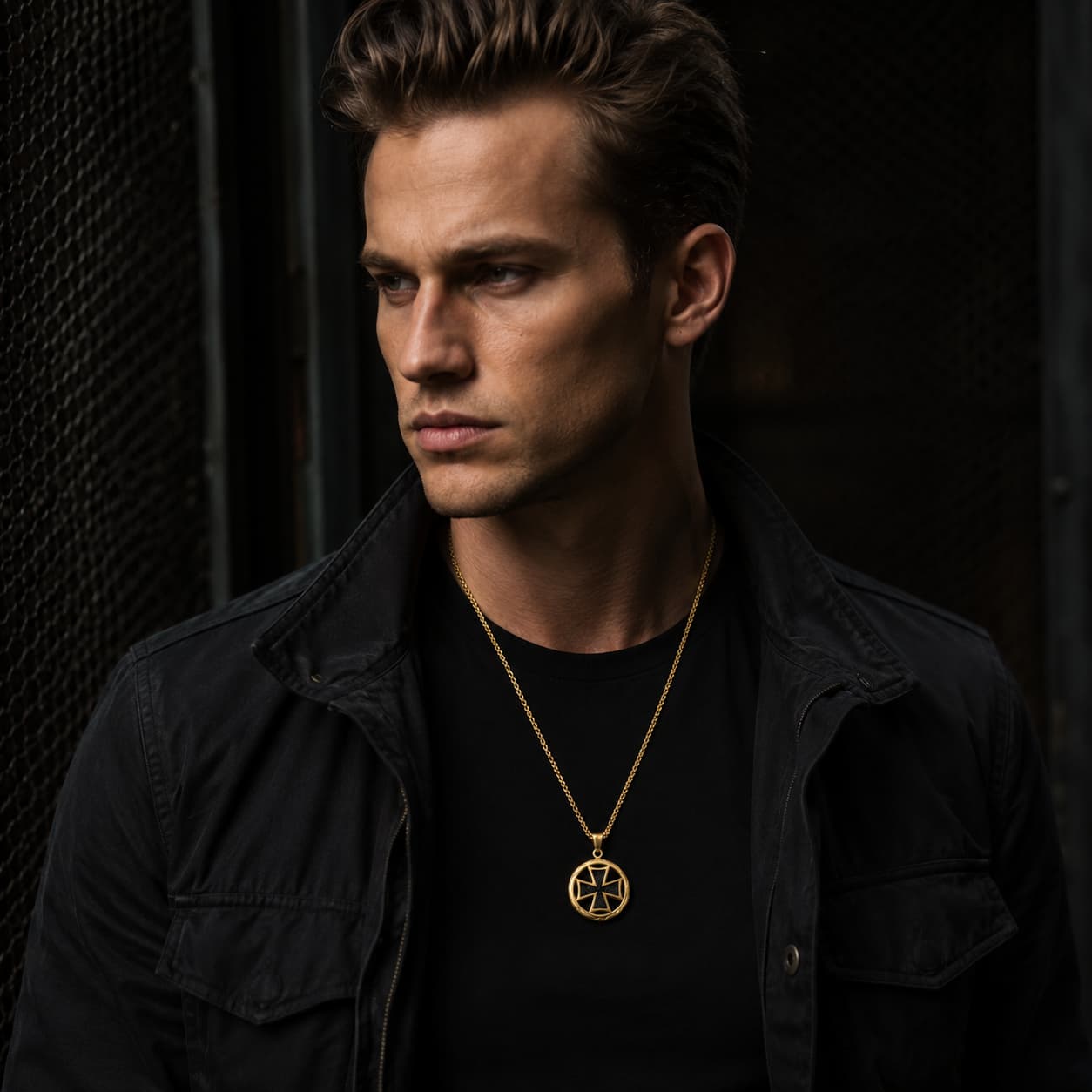 Collier du Sceau doré porté par un homme avec tenue noire et veste sombre