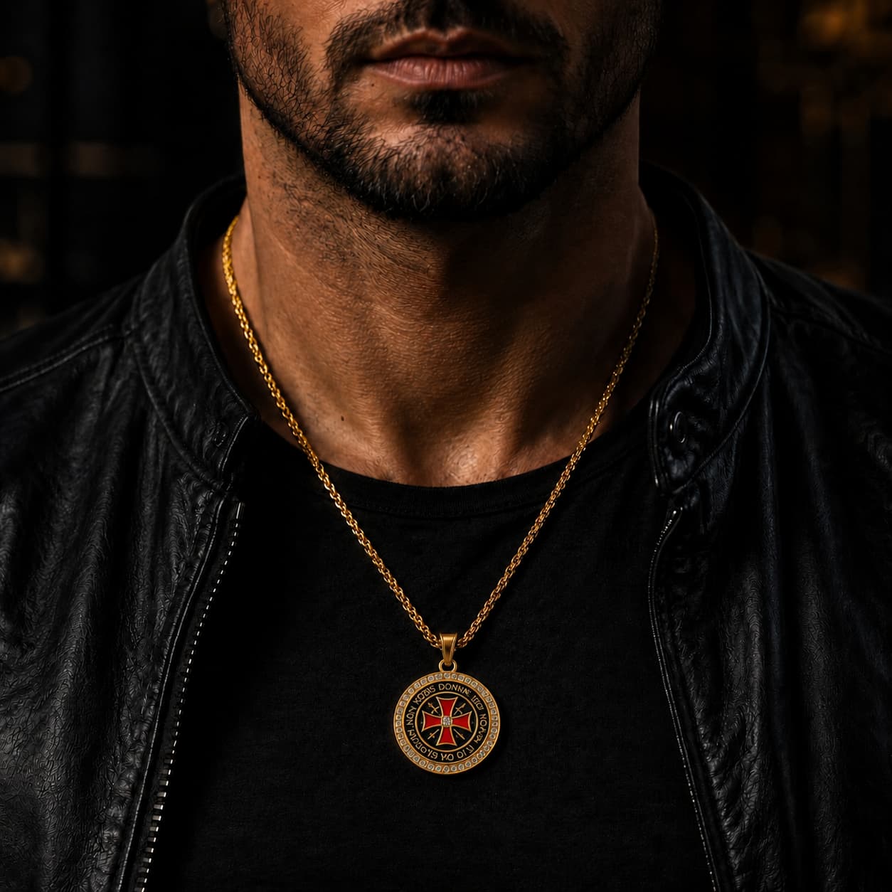Collier du Seigneur Templier en acier inoxydable doré porté par un homme avec tenue noire et veste sombre