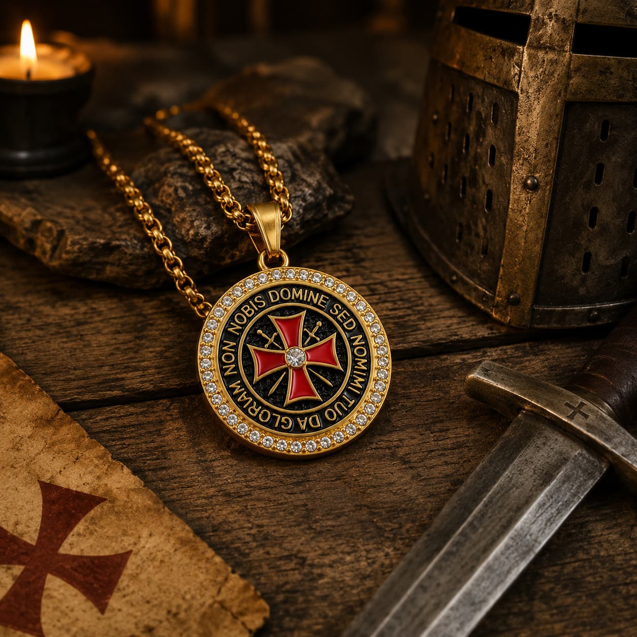 Collier du Seigneur Templier en acier inoxydable doré avec pendentif croix rouge dans un décor médiéval premium