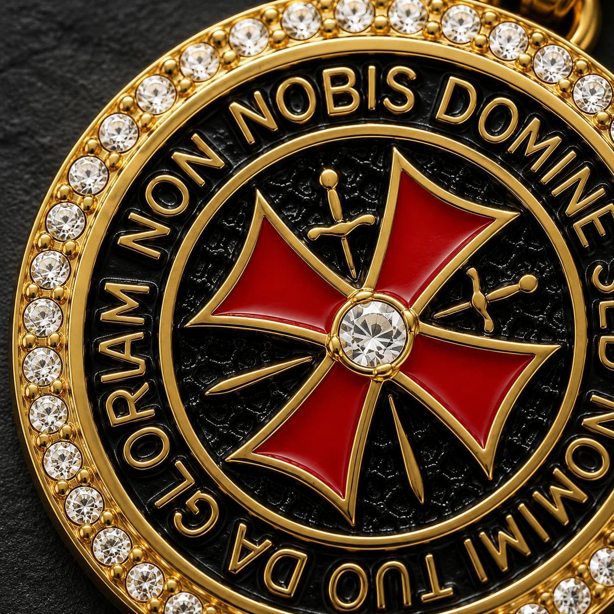Gros plan du Collier du Seigneur Templier en acier inoxydable doré avec croix rouge, fond noir et contour en zirconiums