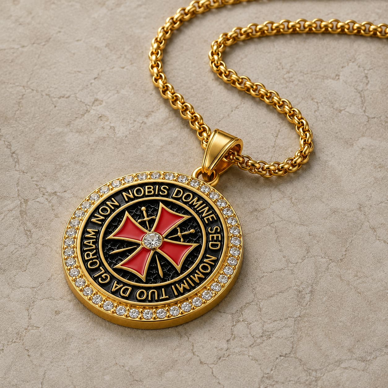 Collier du Seigneur Templier en acier inoxydable doré avec pendentif croix templière et zirconiums sur pierre médiévale claire