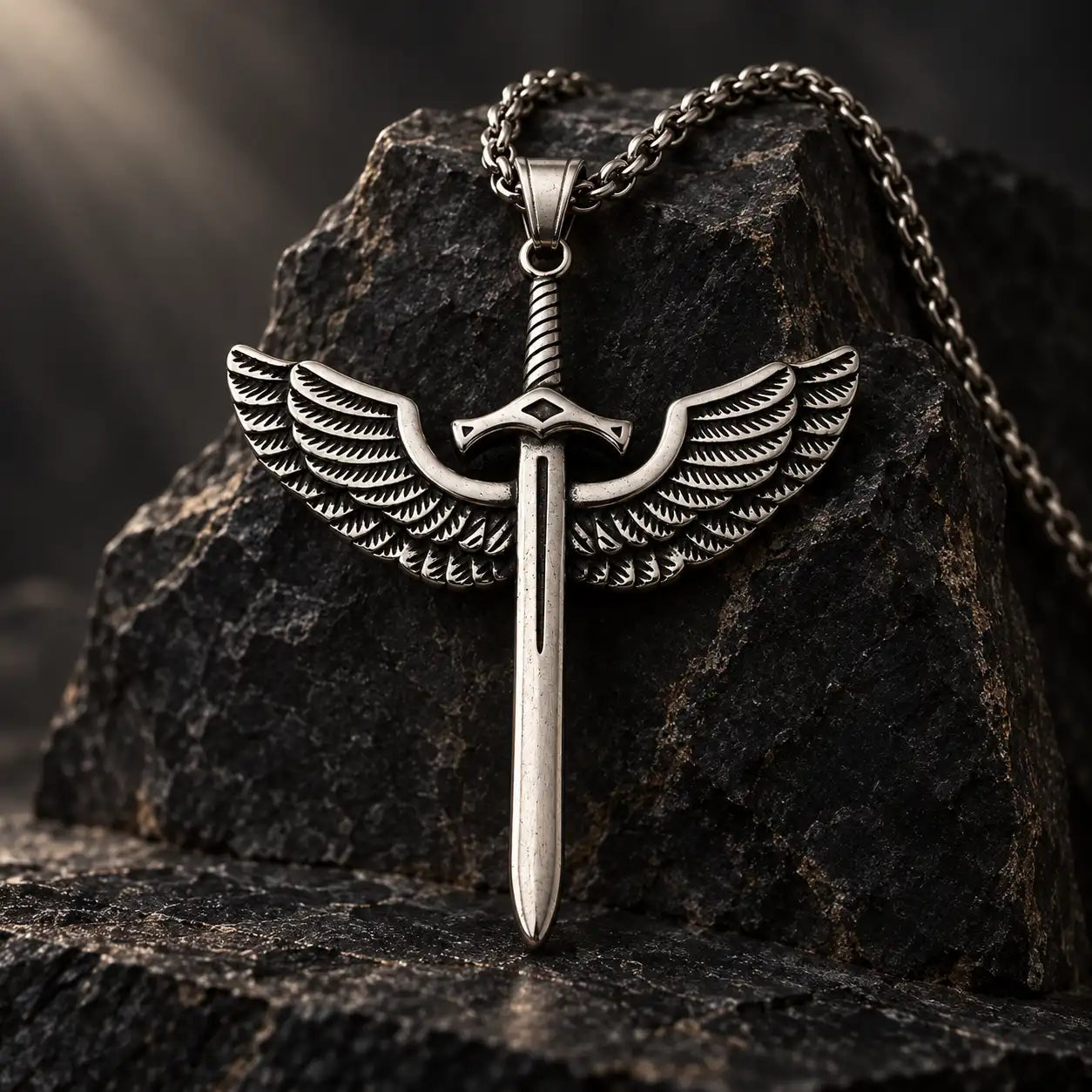 Collier de l’Épée de l’Archange présenté comme une relique sur pierre sombre