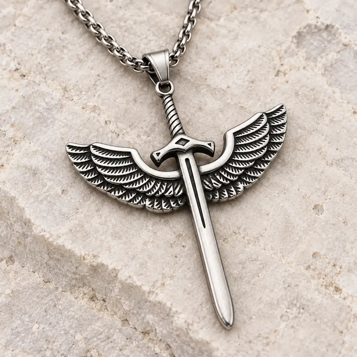 Collier de l’Épée de l’Archange argenté présenté sur pierre claire