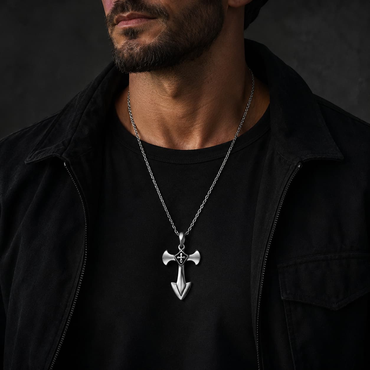 Collier de l’Épée Sacrée en acier inoxydable porté par un homme en tenue sombre