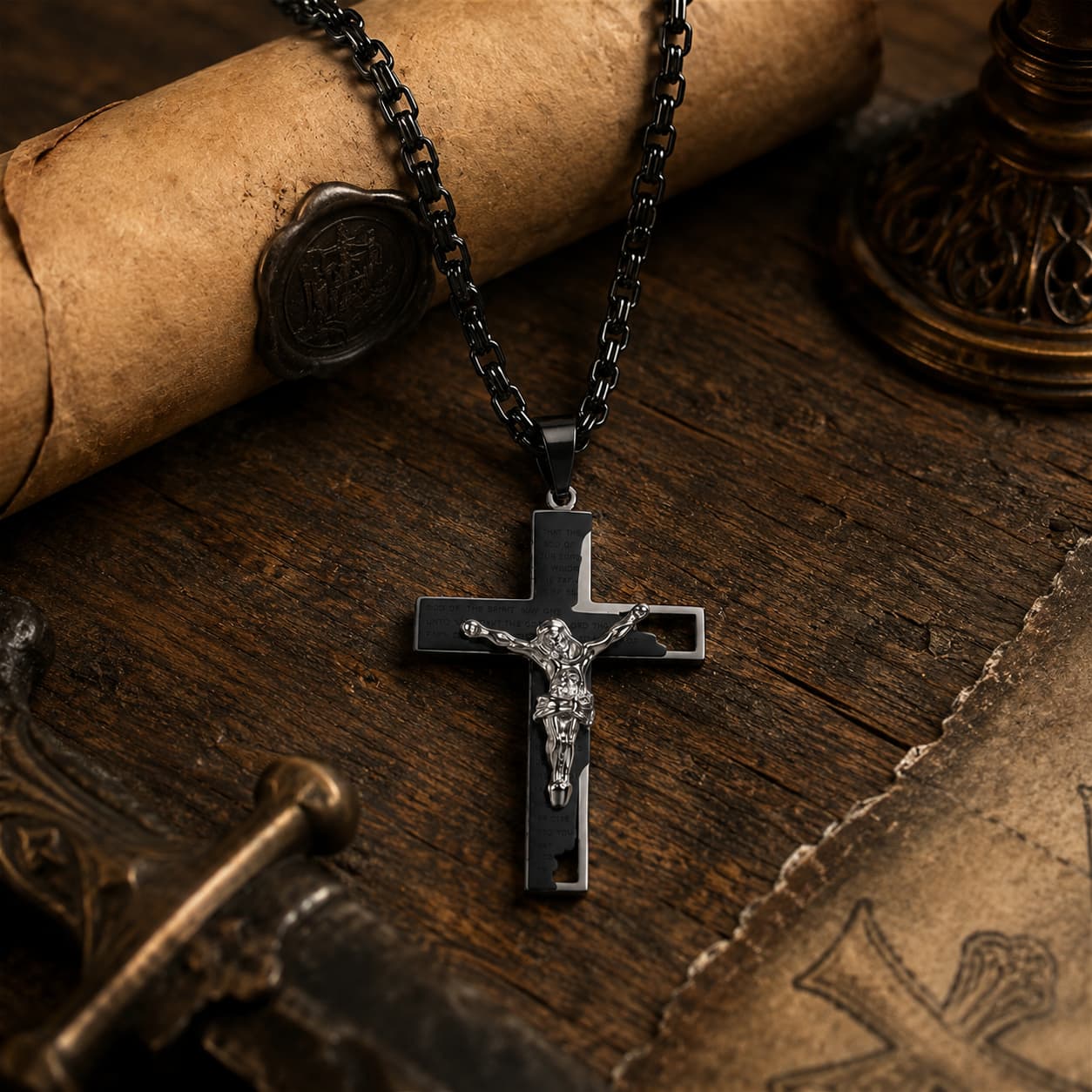 Collier de la Foi Sacrée en acier inoxydable présenté dans un décor médiéval avec bois ancien parchemin et lumière chaude