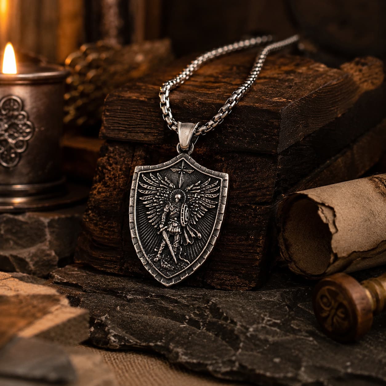 Collier Force de l’Archange Michel en acier inoxydable dans un décor médiéval premium avec bois pierre et parchemin