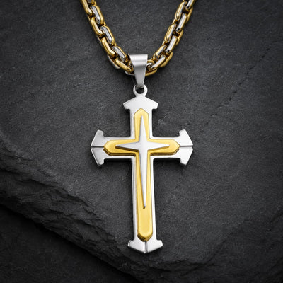Variante dorée et argentée du Collier du Gardien du Temple en acier inoxydable sur fond anthracite sombre.