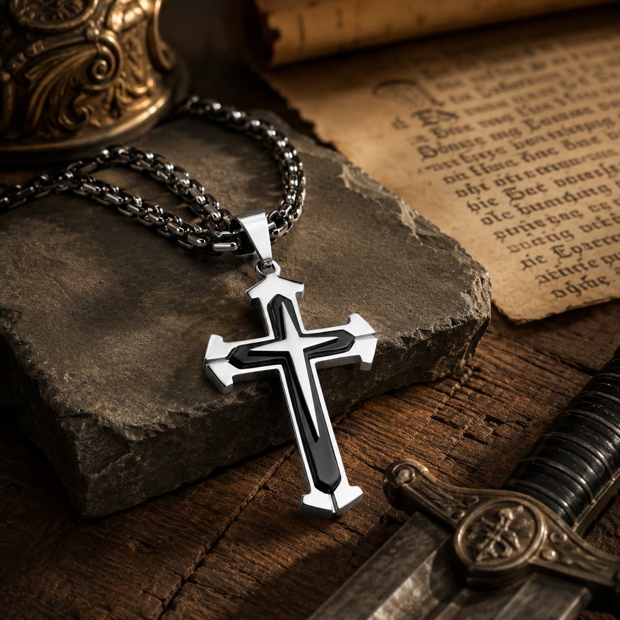 Collier du Gardien du Temple en acier inoxydable noir et argenté dans une ambiance médiévale avec bois ancien et parchemin.