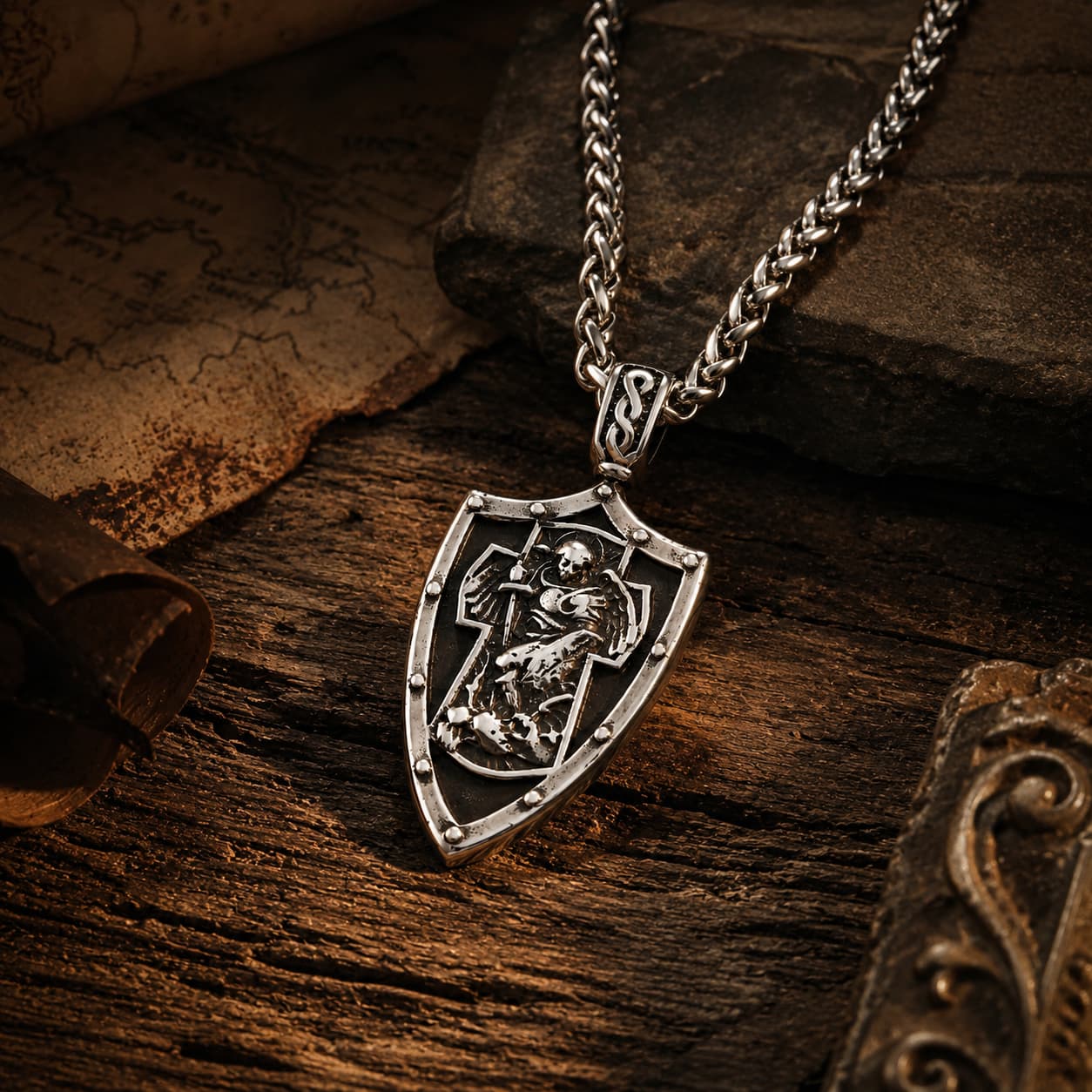Collier Gloire de l’Archange en acier inoxydable présenté dans une ambiance médiévale avec bois ancien, pierre et parchemin.