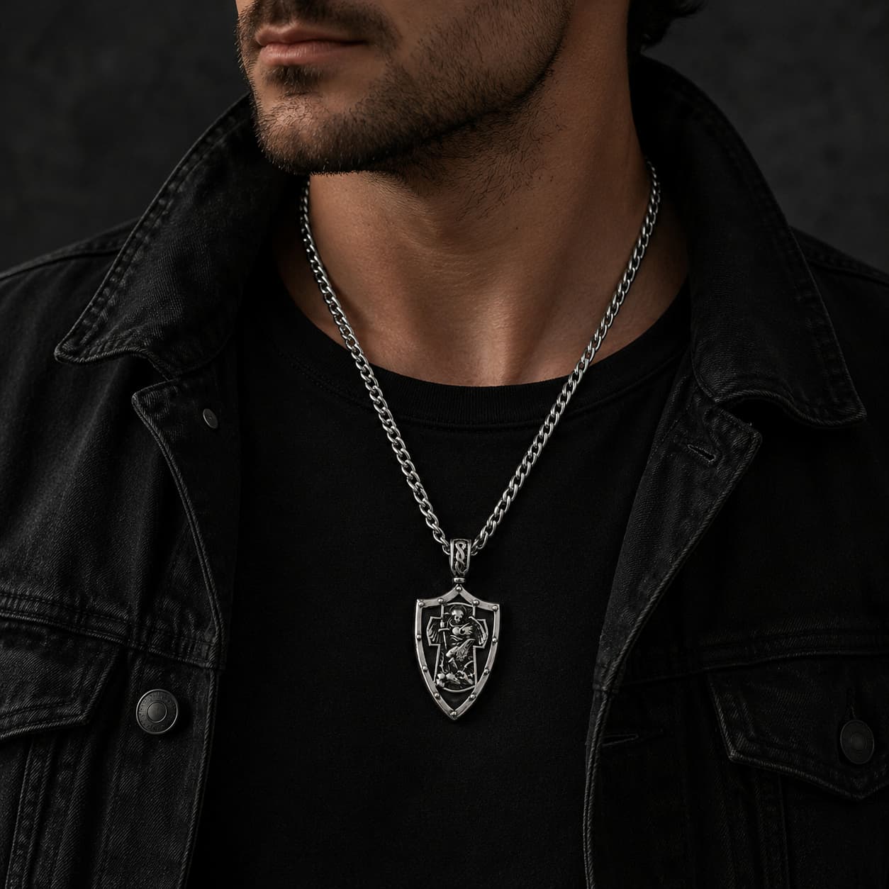 Homme portant le Collier Gloire de l’Archange en acier inoxydable avec tenue noire et veste sombre.