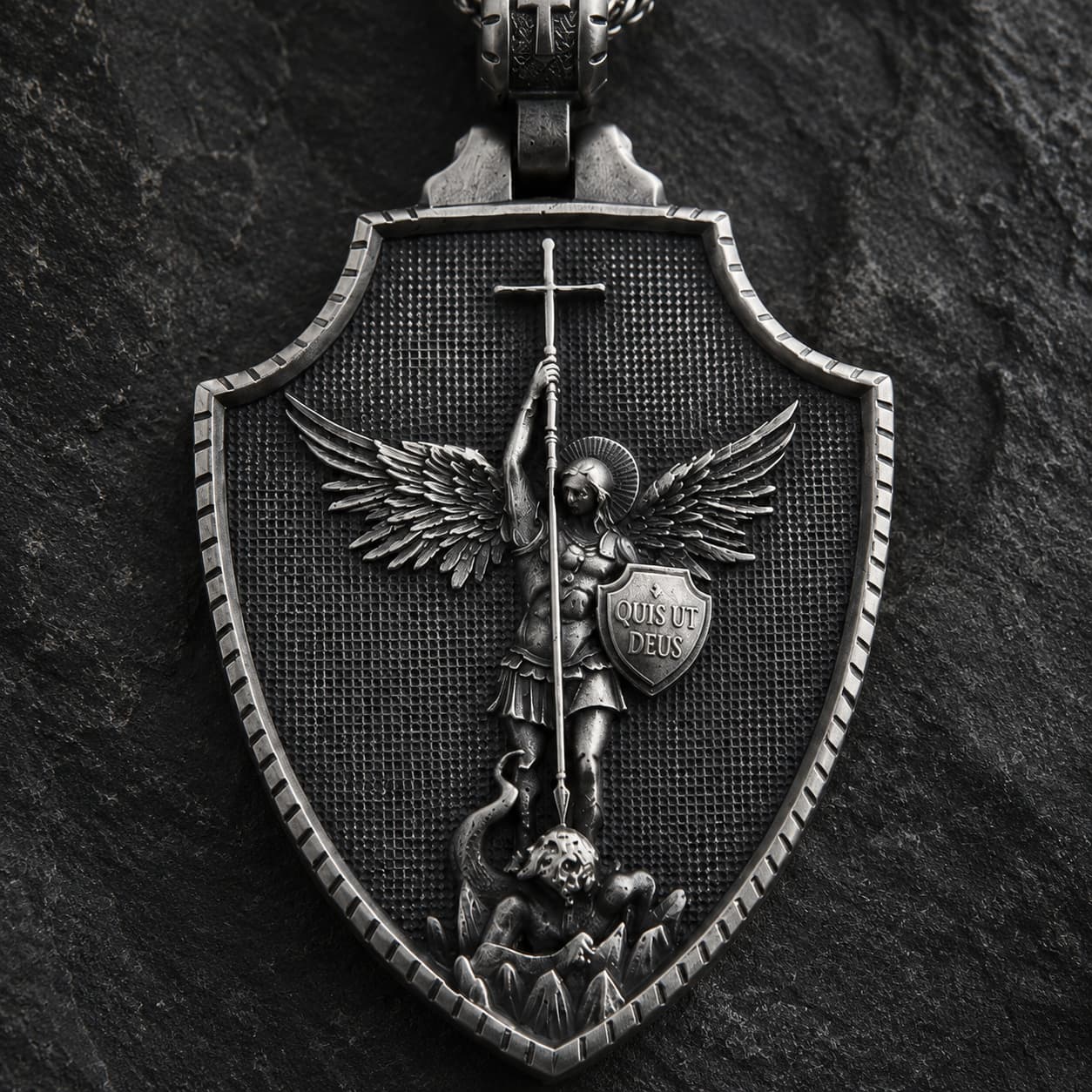 Gros plan du pendentif Saint Michel du Collier Honneur de Saint Michel en acier inoxydable sur fond anthracite
