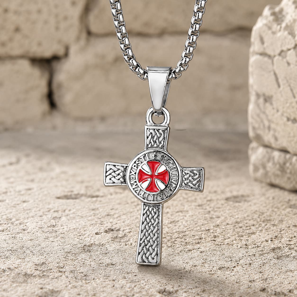Collier Honneur de Templier en acier inoxydable variante argentée avec croix rouge sur pierre médiévale claire