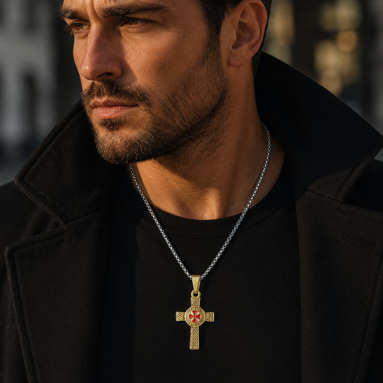 Homme portant le Collier Honneur du Templier en acier inoxydable avec croix dorée et rouge sur tenue noire
