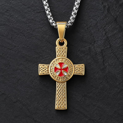 Collier Honneur du Templier en acier inoxydable avec croix dorée et rouge sur fond anthracite texturé