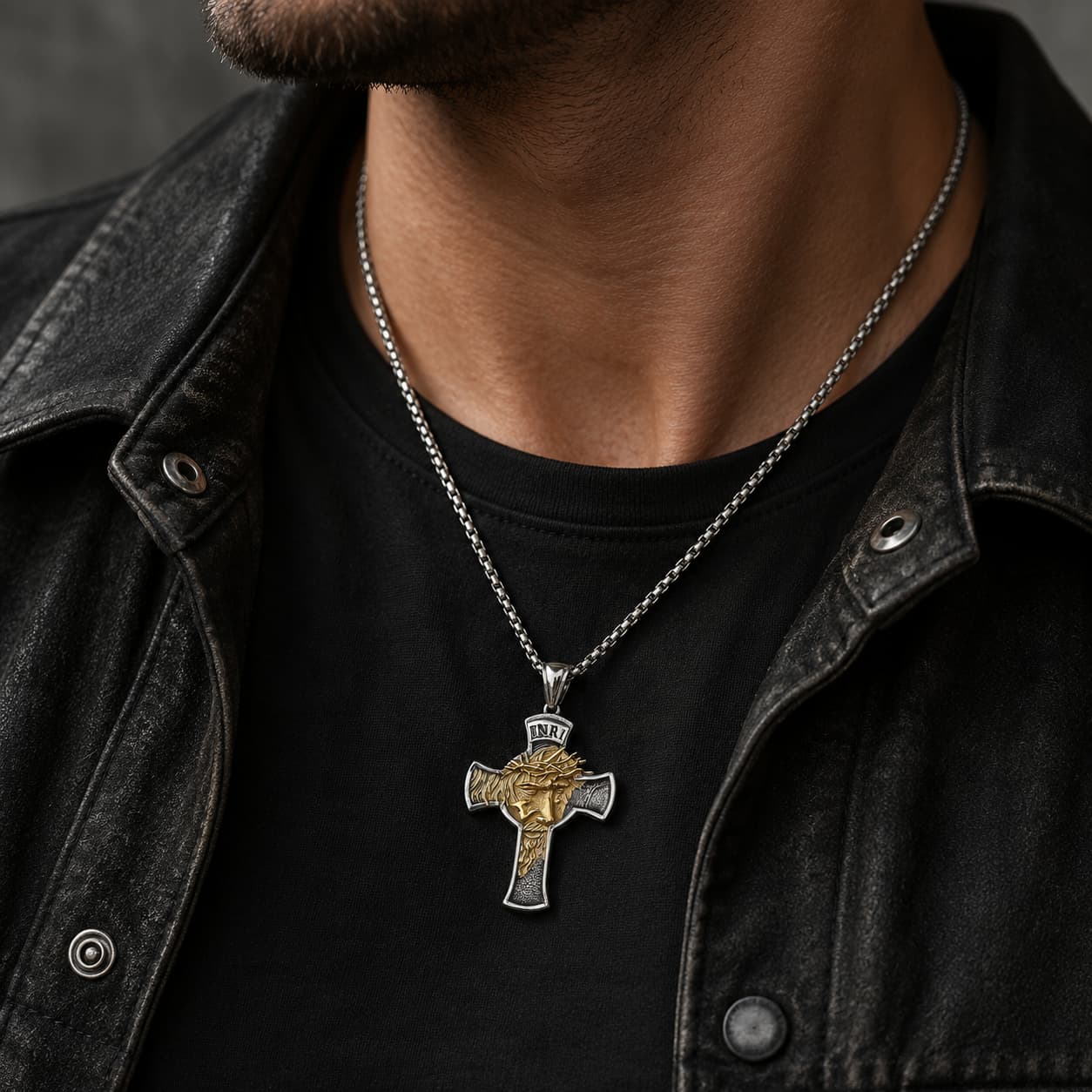 Collier Inri Sacré en acier inoxydable porté par un homme en tenue noire