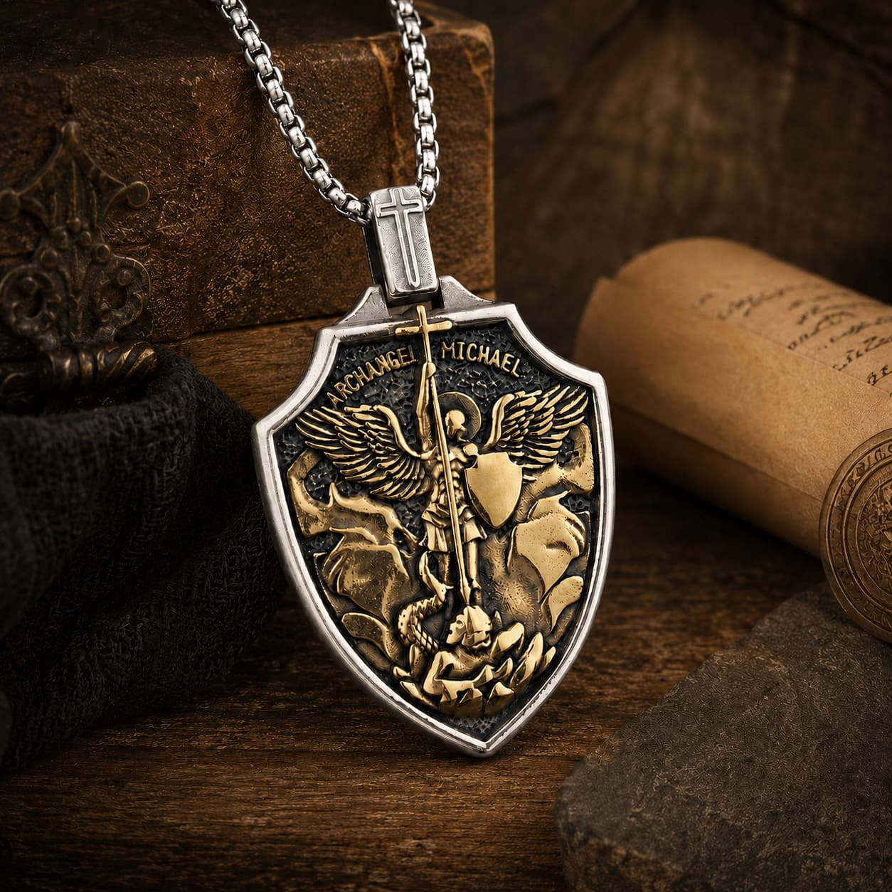 Collier Magistral de l’Archange présenté dans un décor médiéval avec bois ancien et parchemin