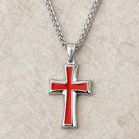 Collier Ordre du Temple en acier inoxydable avec pendentif croix rouge argentée sur pierre claire
