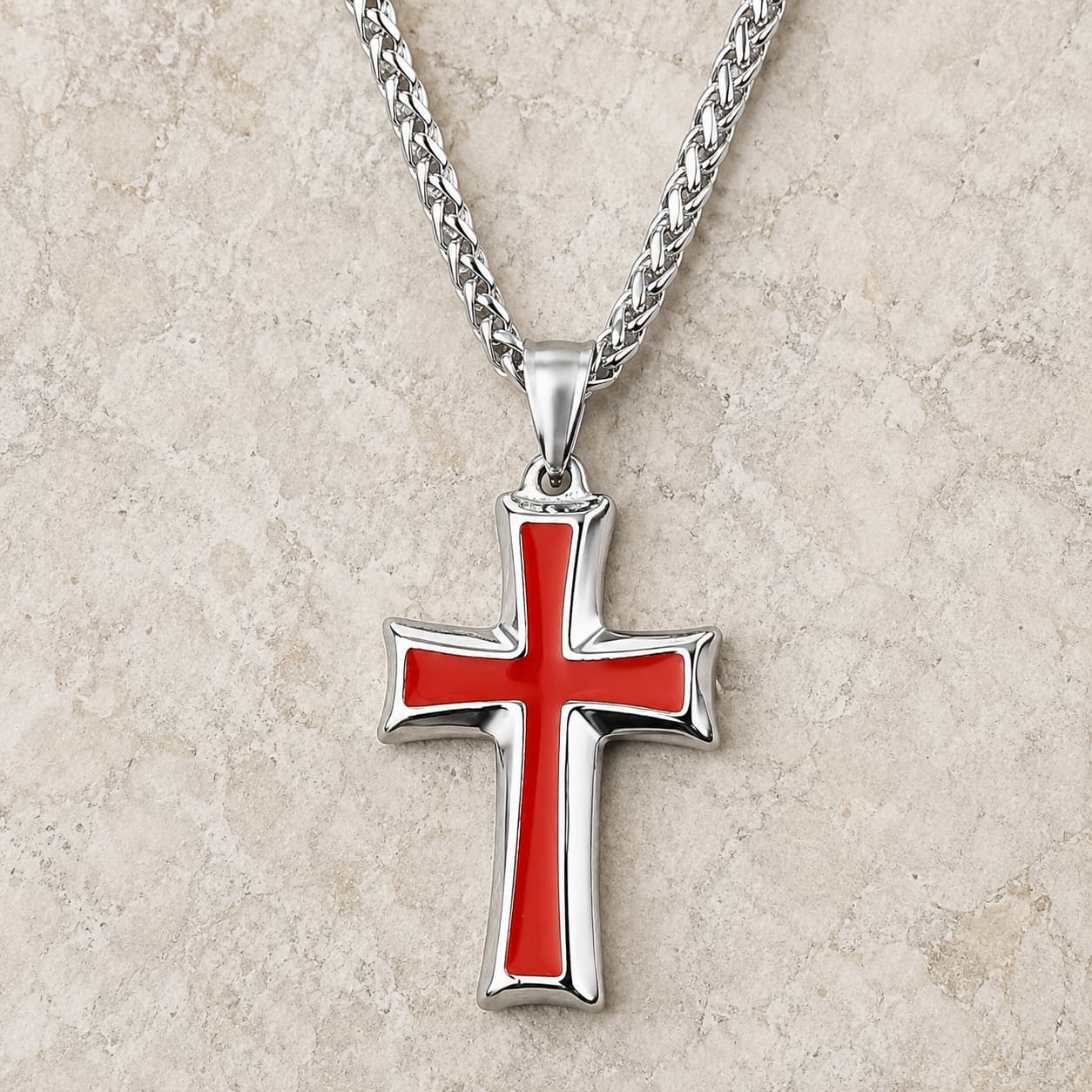 Collier Ordre du Temple en acier inoxydable avec pendentif croix rouge argentée sur pierre claire