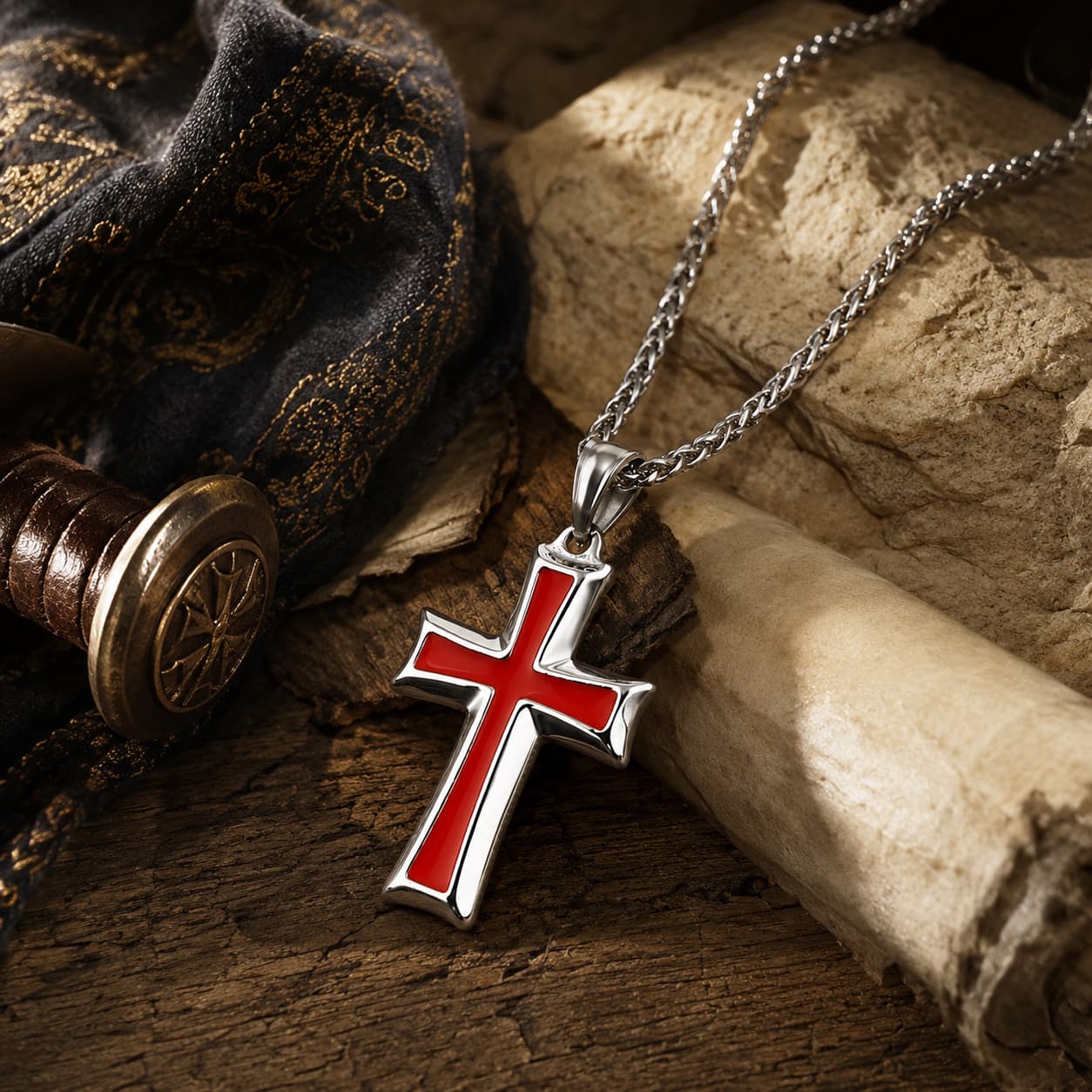 Collier Ordre du Temple en acier inoxydable dans une ambiance médiévale premium