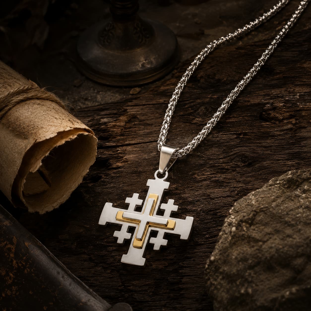 Collier de l’Ordre du Saint Sépulcre en acier inoxydable présenté dans une ambiance médiévale avec bois ancien, parchemin et lumière chaude